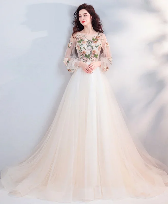 Light Champagne Tulle Lace Long Prom Dress, Champagne Tulle Evening Dress