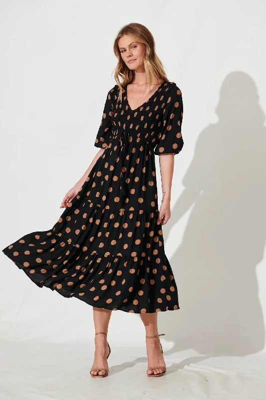 Linda Midi Dress In Black With Brown Spot