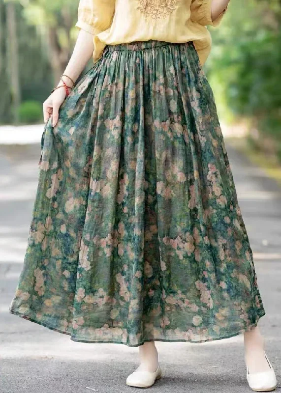 loose-green-elastic-waist-print-linen-skirts-summer