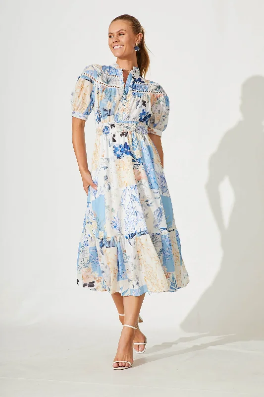 Lynette Midi Dress In Beige With Blue Patch Floral