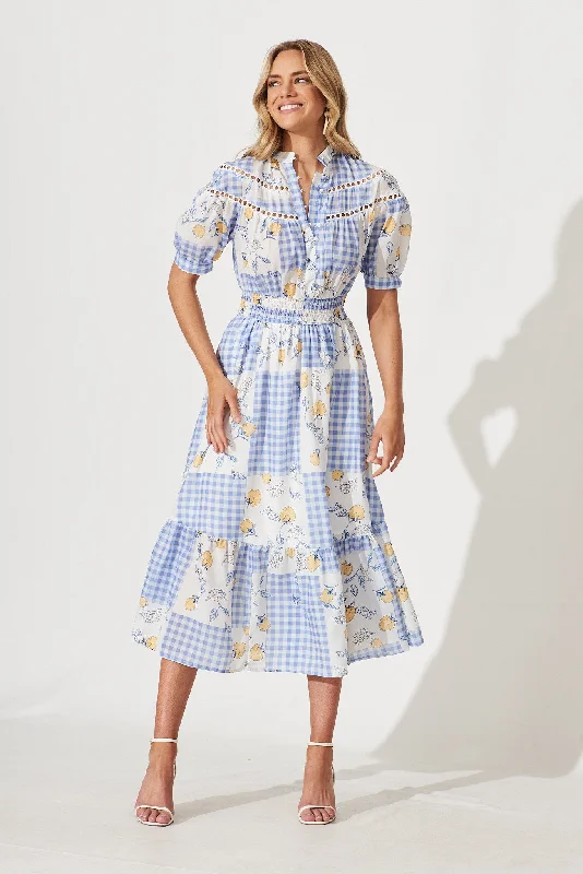 Lynette Midi Dress In Blue Gingham Check With Lemon Patch Print