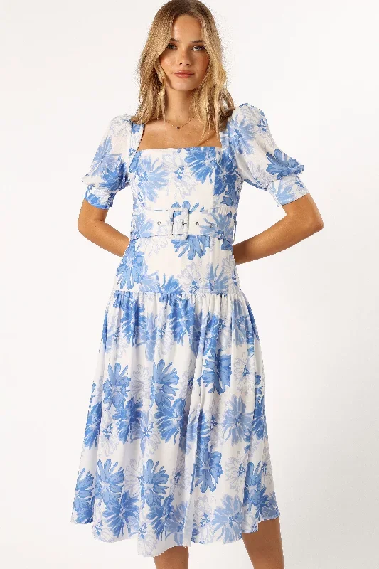 Magda Belted Midi Dress - Blue Floral