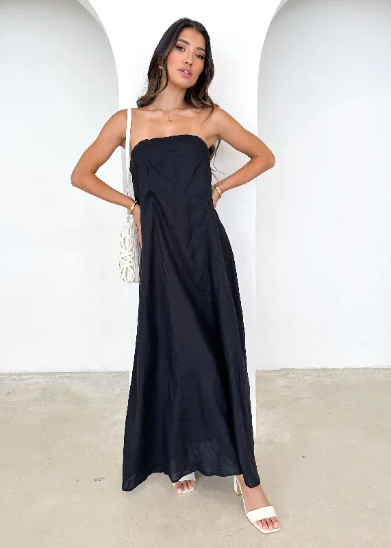 Mariss Strapless Linen Maxi Dress - Black