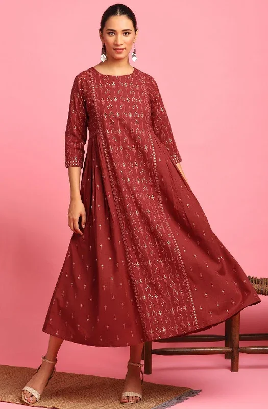 Maroon Cotton Flex Ethnic Motifs Flared Ethnic Dress