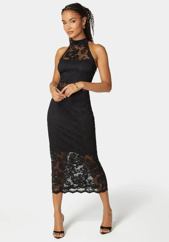 Marseille Lace Mock Neck Illusion Midi Dress