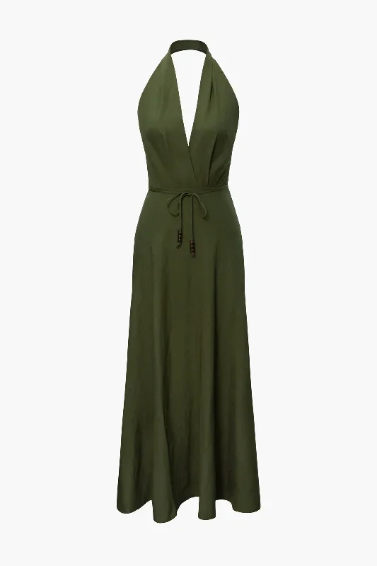 V-neck Tie Waist Halter Maxi Dress