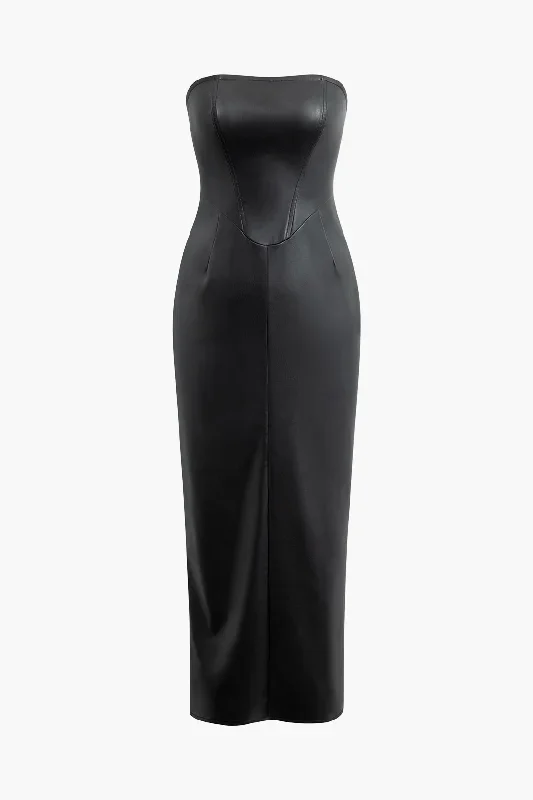 Faux Leather Zip Up Strapless Slit Midi Dress