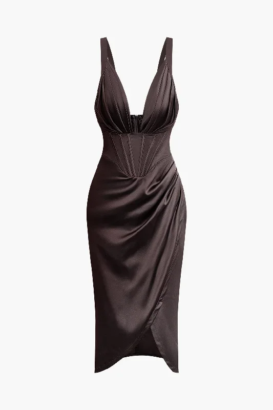 Ruched V-neck Slit Midi Dress