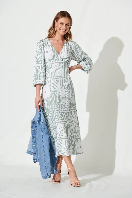 Meadow Maxi Dress In White With Sage Abstract Linen Blend