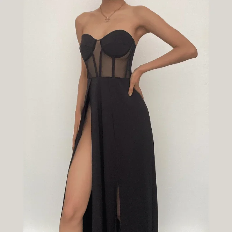 mesh-heart-neck-high-slit-pleated-tube-maxi-dress