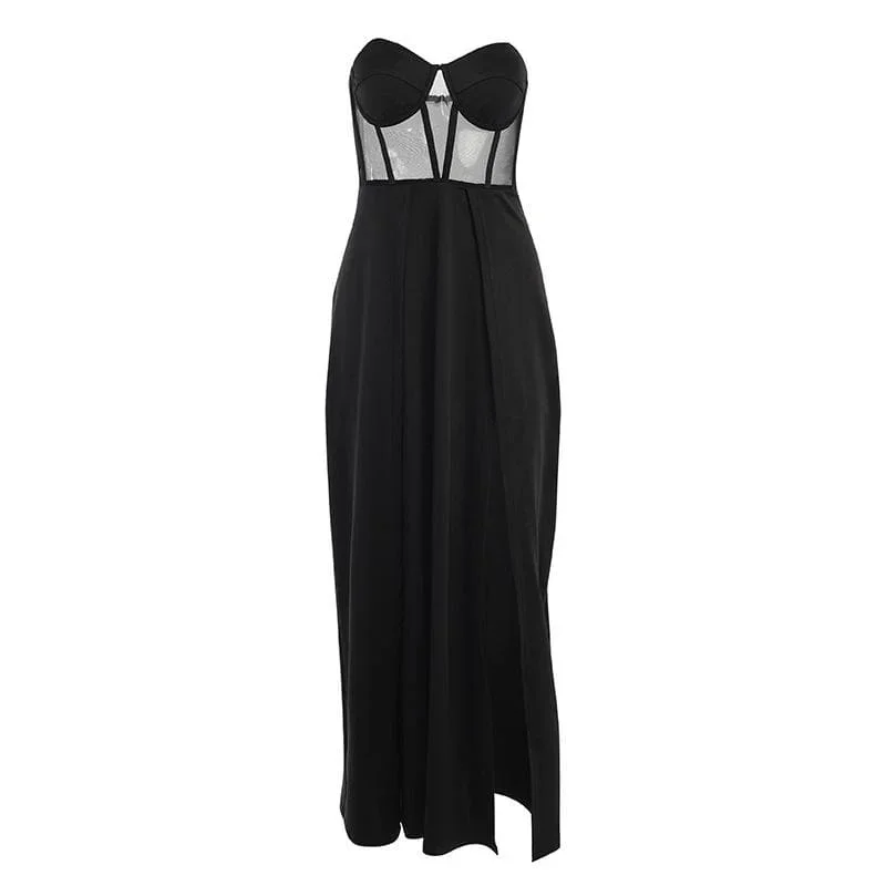 mesh-heart-neck-high-slit-pleated-tube-maxi-dress