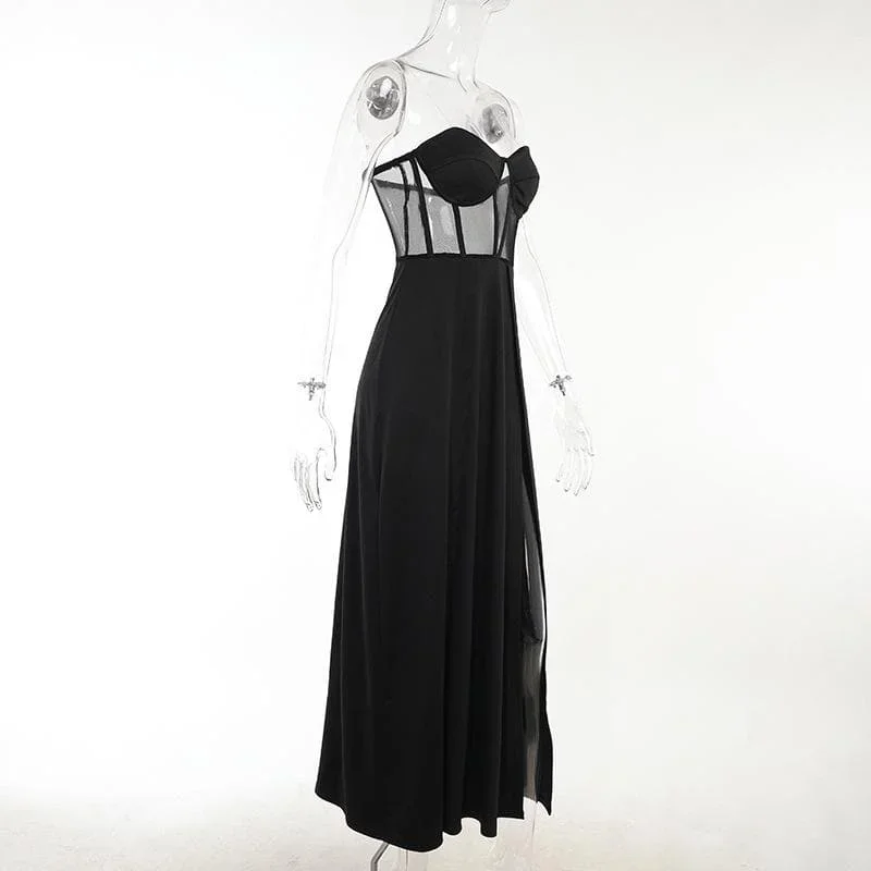 mesh-heart-neck-high-slit-pleated-tube-maxi-dress