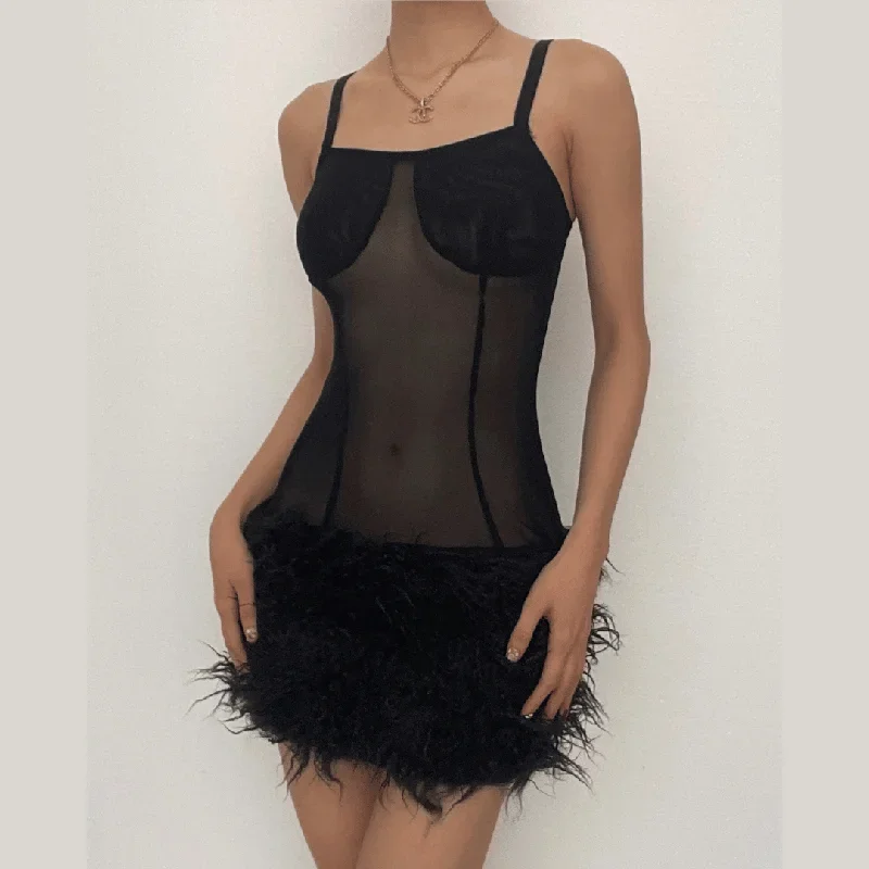 mesh-see-through-feather-sleeveless-backless-mini-dress