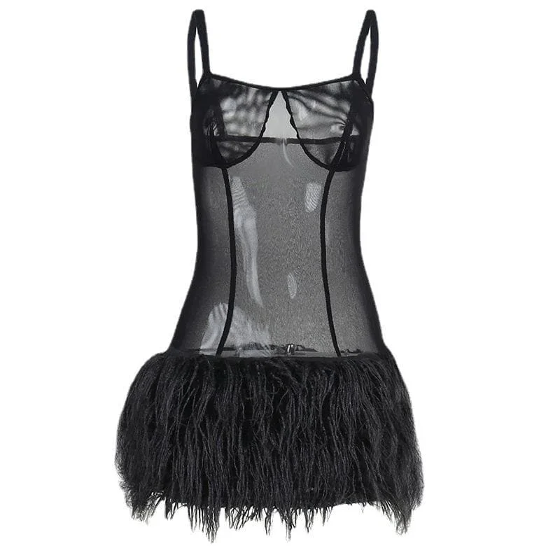 mesh-see-through-feather-sleeveless-backless-mini-dress