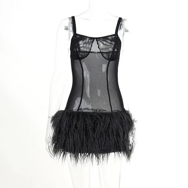 mesh-see-through-feather-sleeveless-backless-mini-dress