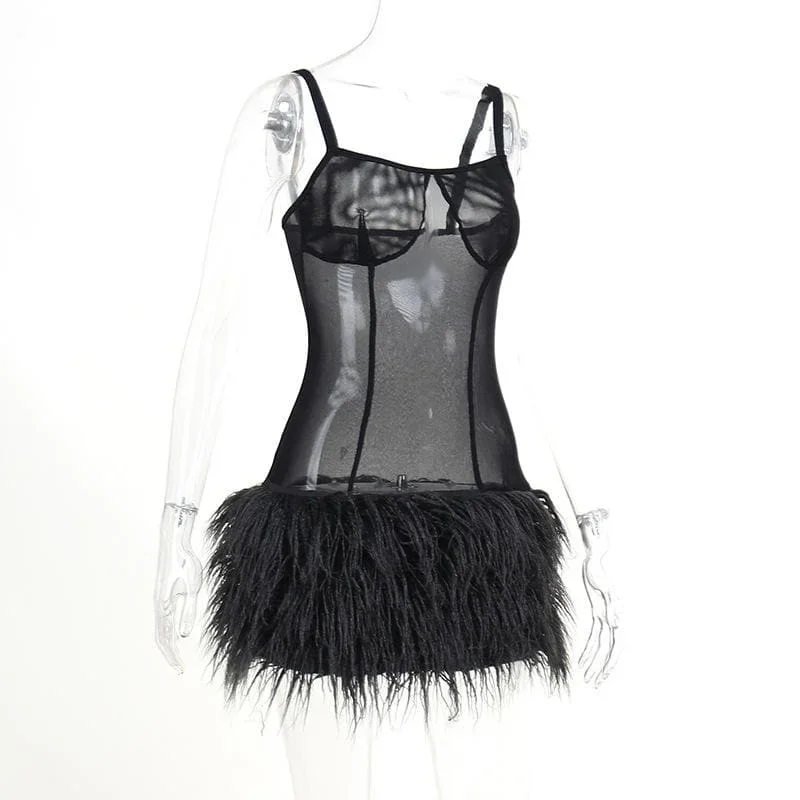 mesh-see-through-feather-sleeveless-backless-mini-dress