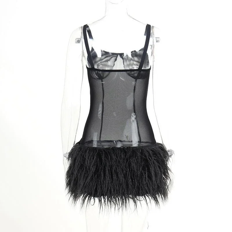 mesh-see-through-feather-sleeveless-backless-mini-dress