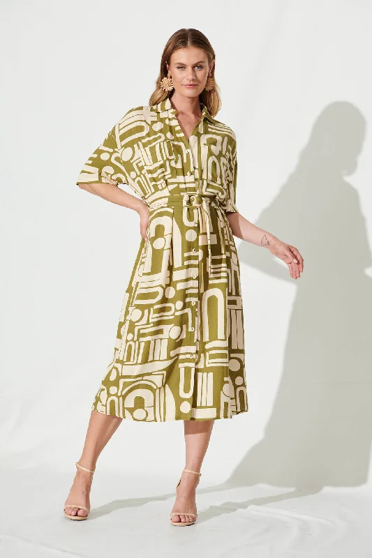 Miriam Maxi Shirt Dress In Cream And Olive Abstract Linen Blend