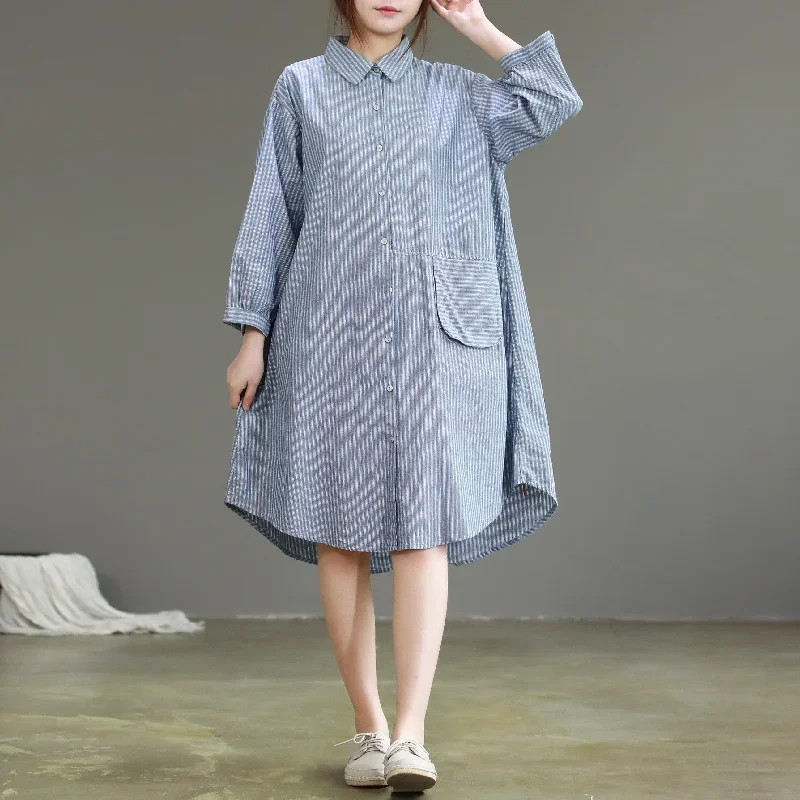 Modern lapel collar linen dresses Metropolitan Museum design blue cotton Dress striped