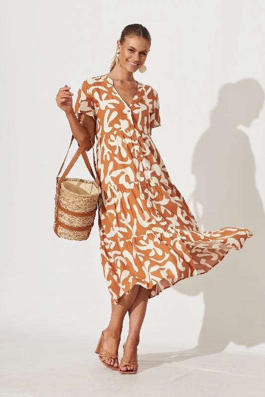 Monaco Midi Smock Dress In Tan With Cream Print