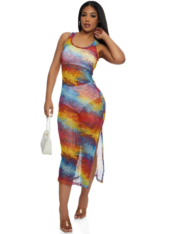 Fishnet Printed Side Slit Midi Tank Dress