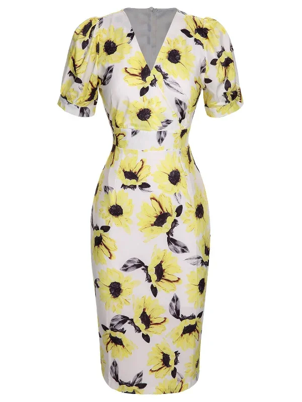 multicolor-1960s-floral-sunflower-v-ausschnitt-dress