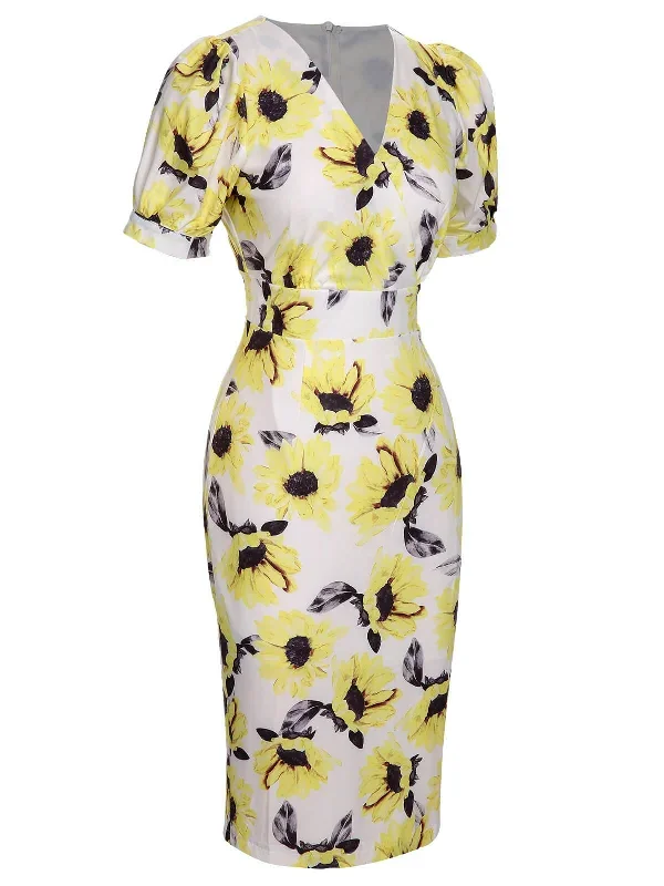 multicolor-1960s-floral-sunflower-v-ausschnitt-dress