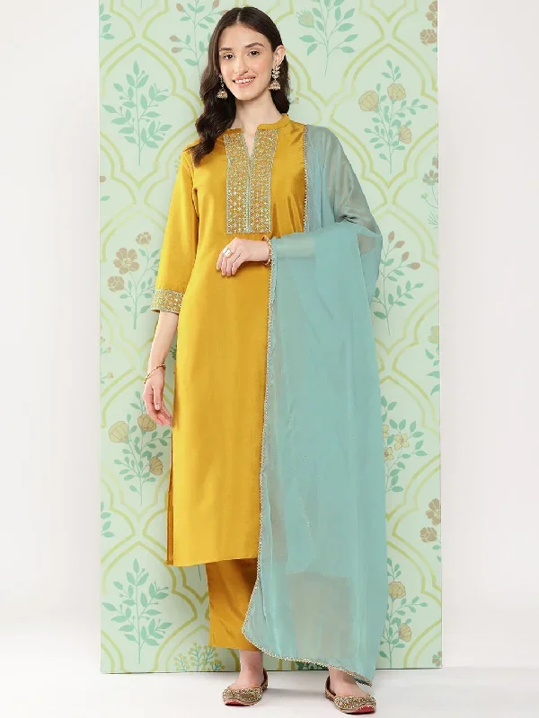 Mustard Crepe Silk Solid Kurta with Pant and Dupatta