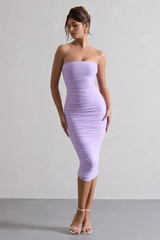 My Girl | Lilac Strapless Bodycon Ruched Mesh Midi Dress