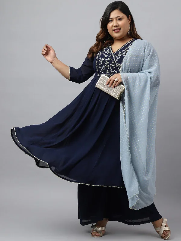 Navy Blue Georgette Yoke Embroidery Kurta with Palazzo and Dupatta