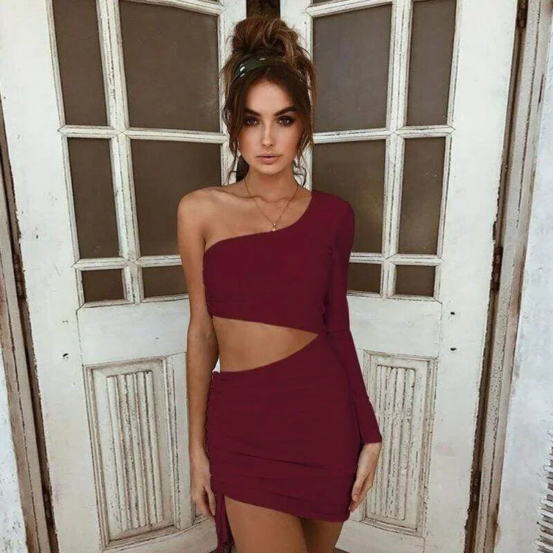 new-womens-lady-solid-color-one-shoulder-hollow-out-bandage-bodycon-mini-dress-cocktail