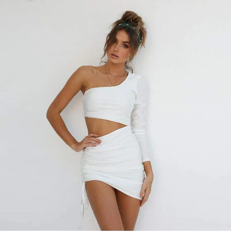 new-womens-lady-solid-color-one-shoulder-hollow-out-bandage-bodycon-mini-dress-cocktail