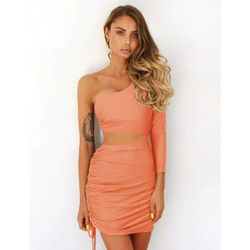 new-womens-lady-solid-color-one-shoulder-hollow-out-bandage-bodycon-mini-dress-cocktail