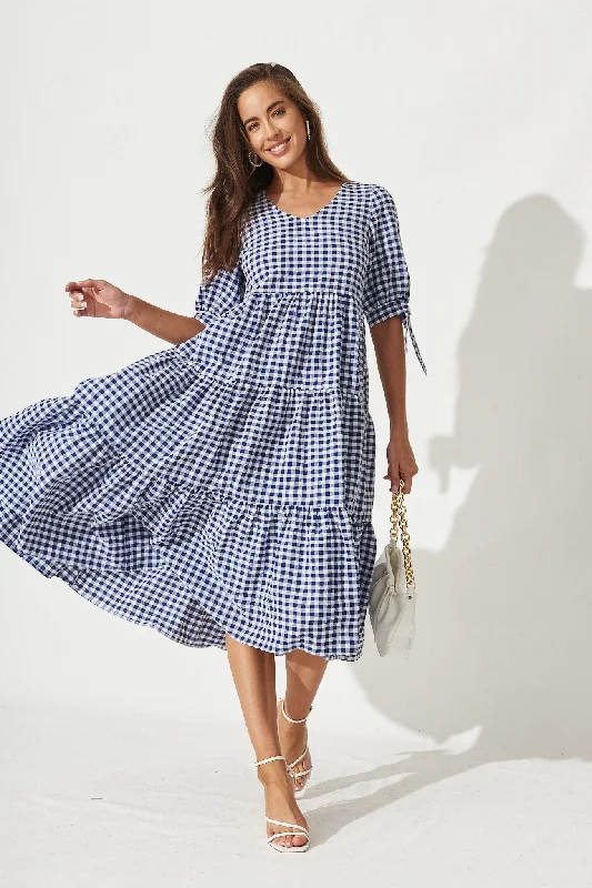 Odewick Midi Dress In Navy Gingham