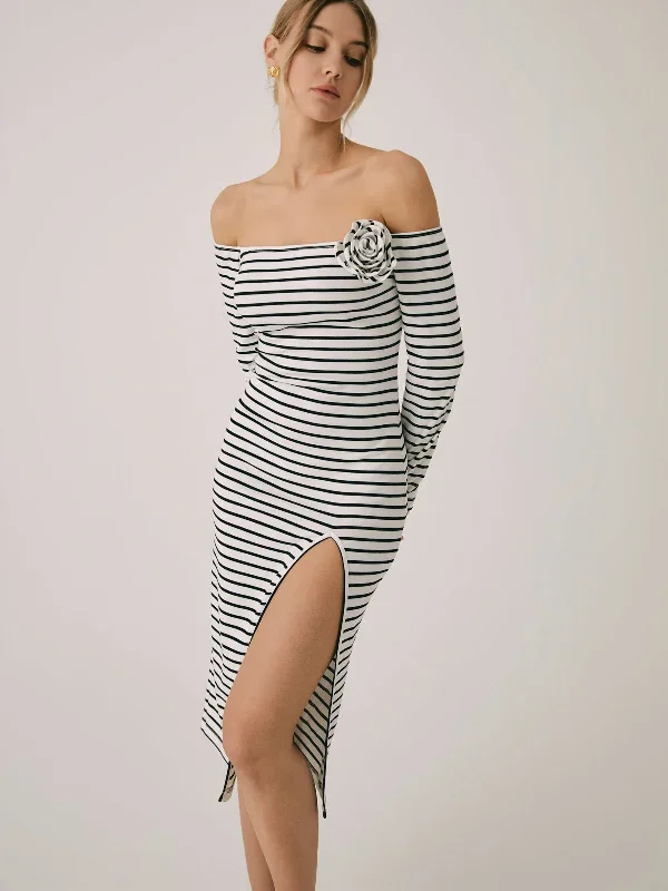 off-shoulder-rosette-split-midi-dress