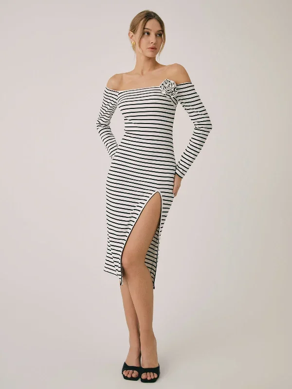 off-shoulder-rosette-split-midi-dress