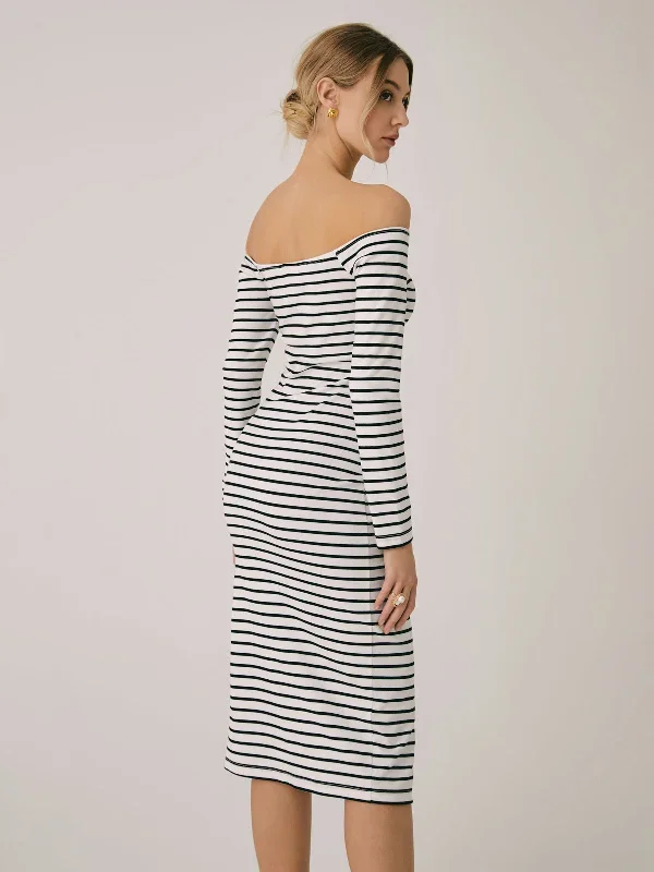 off-shoulder-rosette-split-midi-dress