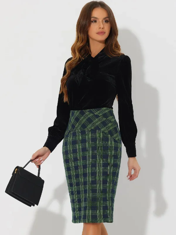 Women's Elastic High Waist Knee Length Plaid Pencil Skirt with Side Zipper