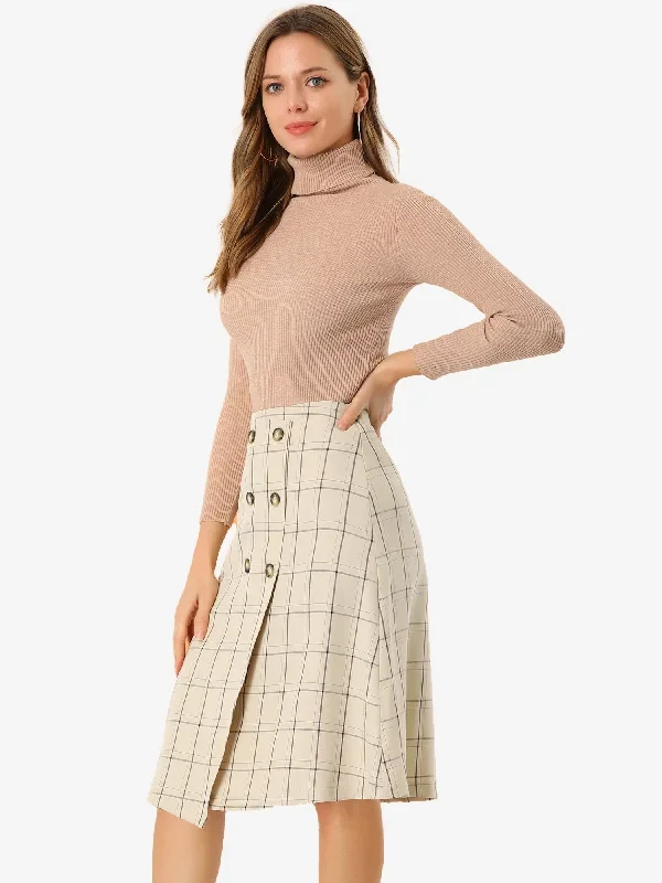 Work Office Grid Plaid Buttons Knee Length A-line High Waist Skirt