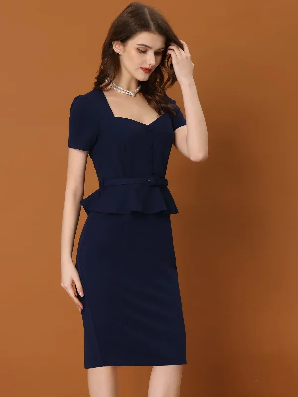 Peplum Sweetheart Neck Short Sleeve Work Office Sheath Dress