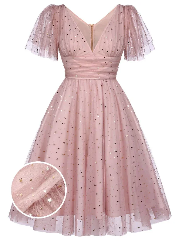 Pink 1950s Star Sequin Lace Swing Dress