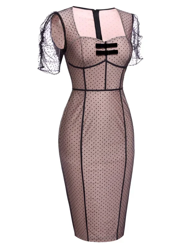 pink-1960s-polka-dot-mesh-pencil-dress