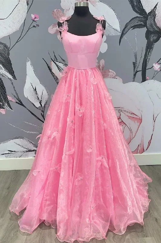 Pink 3D Floral Lace Scoop Neck A-Line Prom Dress