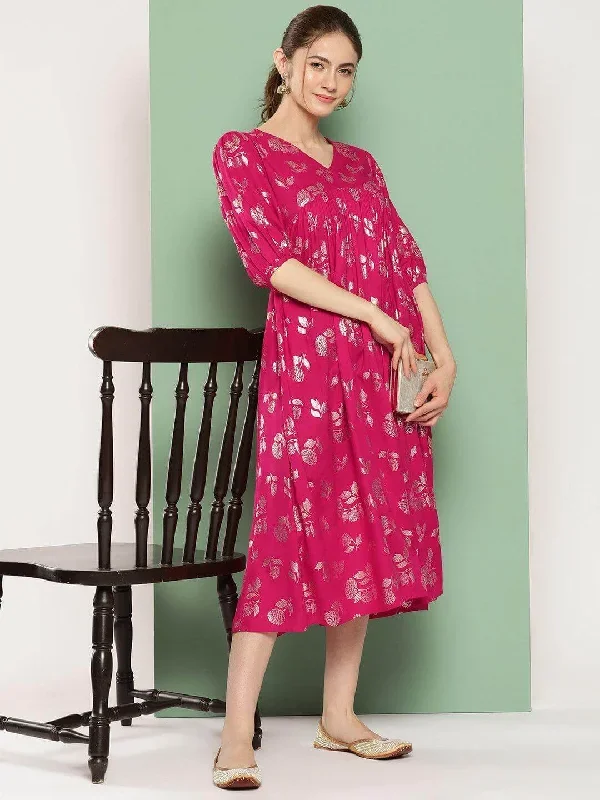 Pink Rayon Foil Printed Gathered Kurta