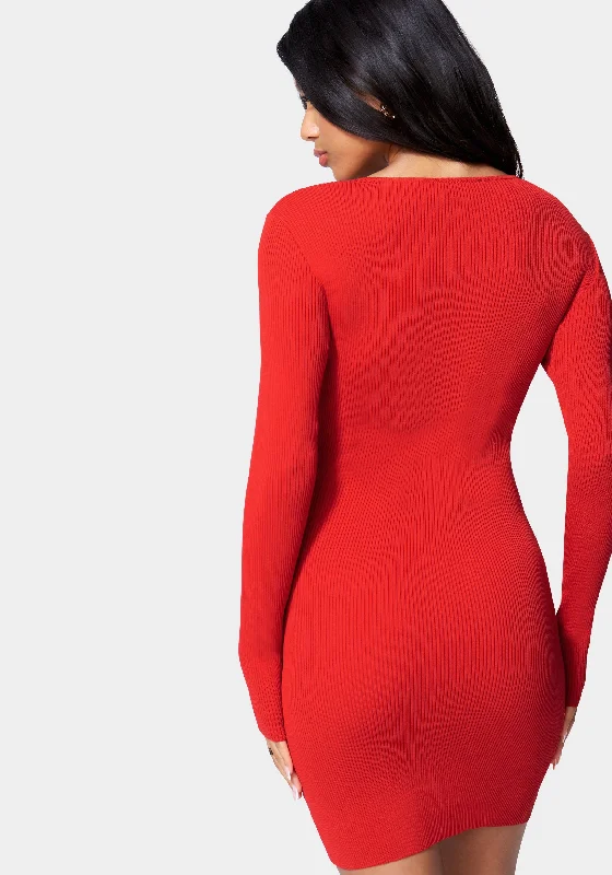 plunge-neck-lace-up-sweater-dress-red-alert