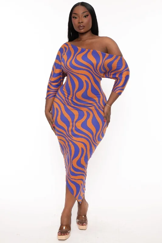 Plus Size Asymmetric Printed Dress - Blue