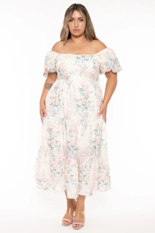 Plus Size  Darling Floral Maxi  Dress - Cream