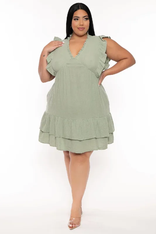 Plus Size Tonya Ruffled Mini Dress  -Sage