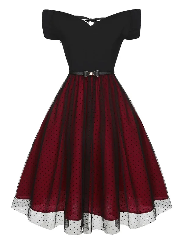 pre-sale-wine-red-1950s-polka-dots-drop-shoulder-belt-dress