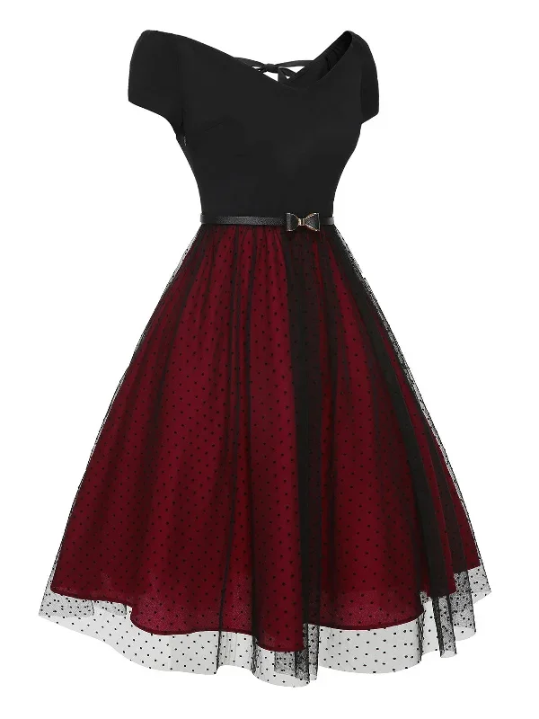 pre-sale-wine-red-1950s-polka-dots-drop-shoulder-belt-dress